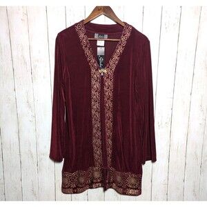 NWT Slinky Brand Burgundy Gold Scroll Topper Cardigan Duster Small Glam Boho